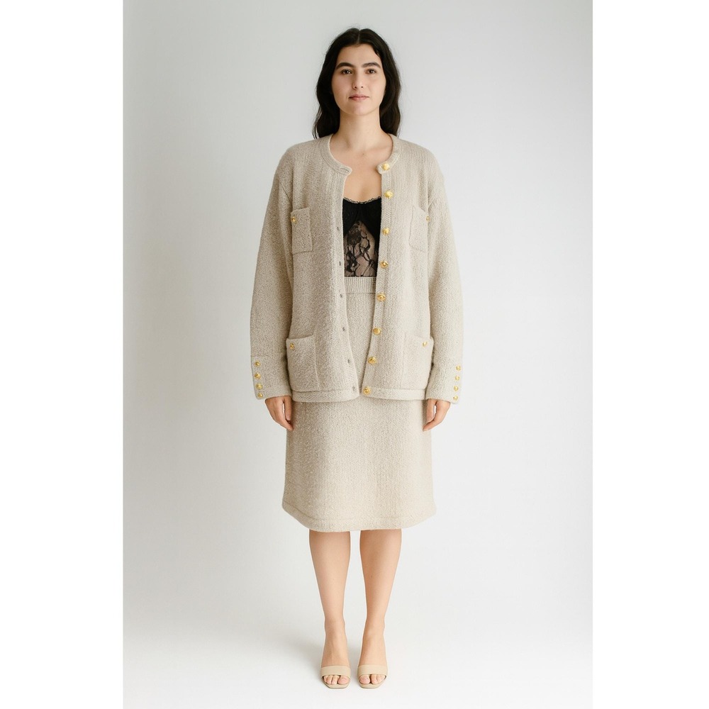 vtg Tanner beige boucle‎ knit skirt cardigan suit 2 piece set 80s